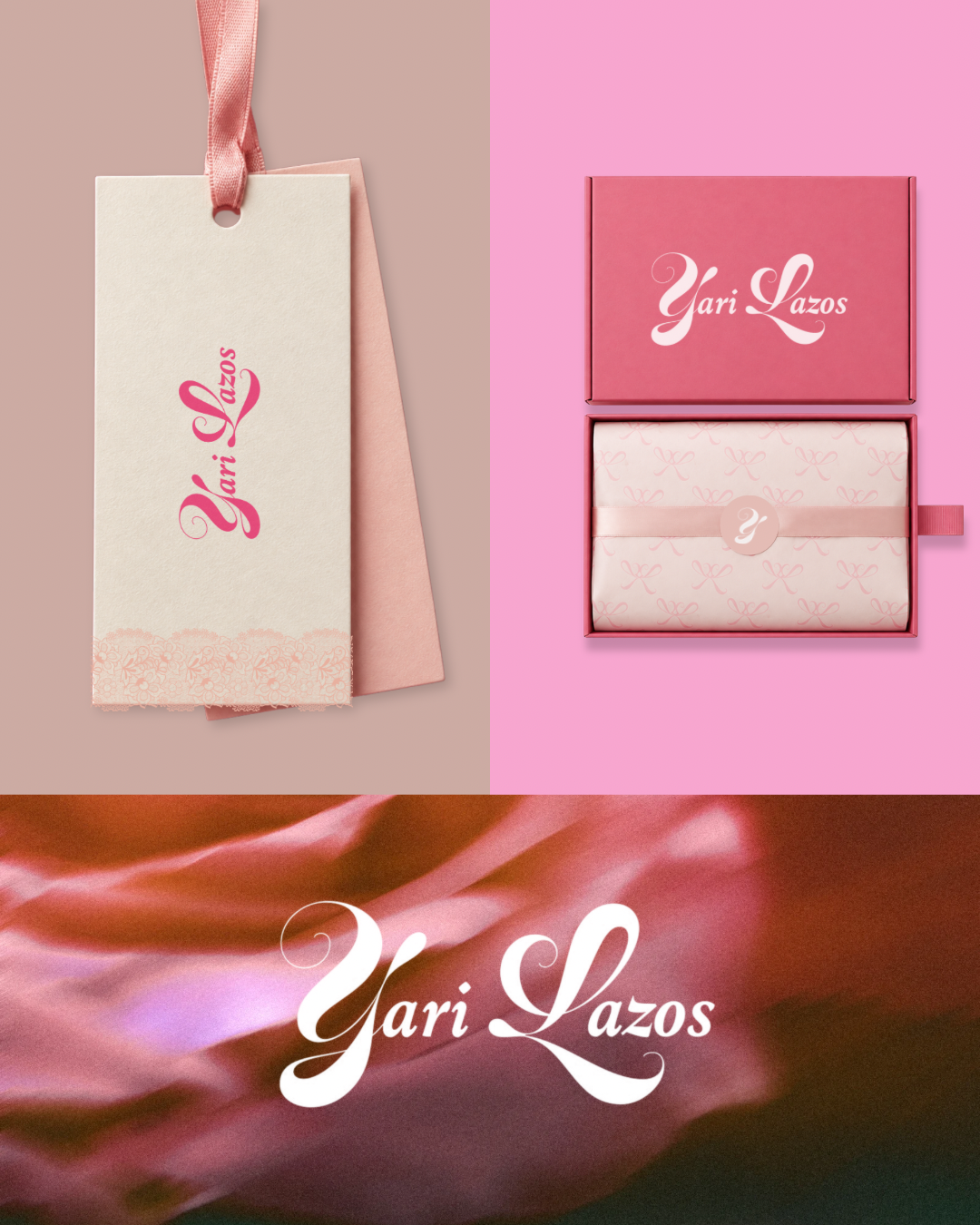 Tag, open gift box, custom wrapping paper and signature on silk
